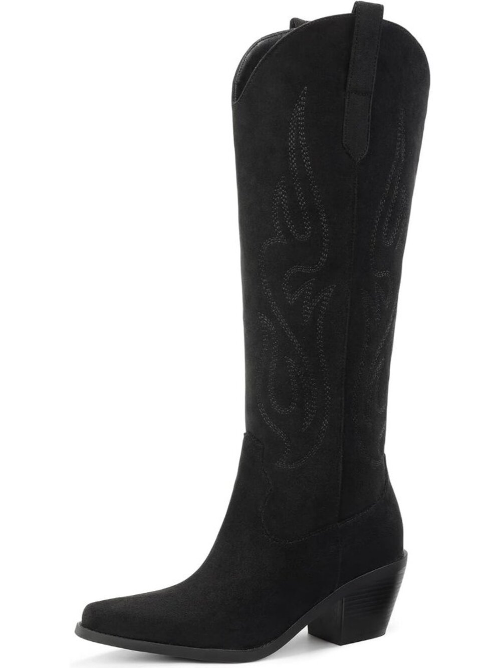 Women's Dark Black Pointed Toe Chunky Knee High Wide Calf Western Cowgirl Boot
